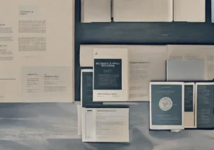 a collection of books, papers and other items on a blue tablecloth