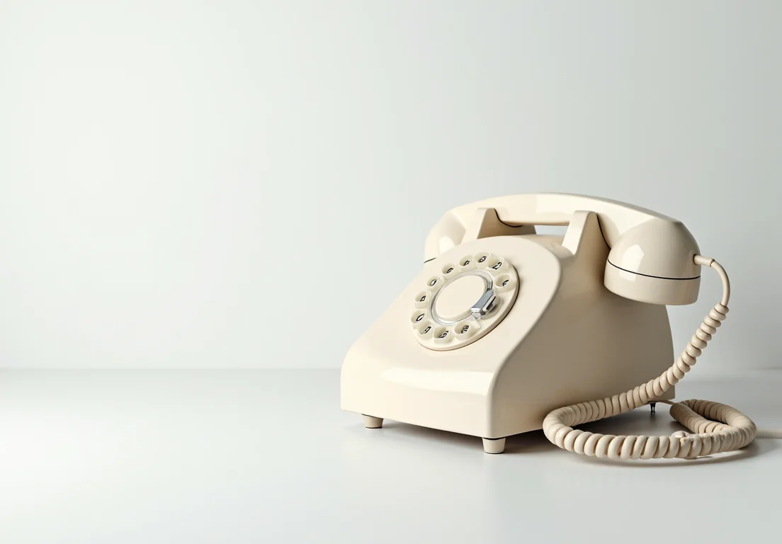 Old beige telephone on a white table with a white background.